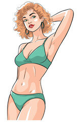A vibrant, colored cartoon illustration depicts a confident woman in a green bikini. With a relaxed pose and short curly hair, she embodies a happy and glamorous summer lifestyle. Vocation swim idea.