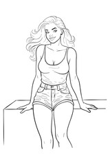 A black and white line art illustration depicts a confident and attractive woman leaning on a box. Dressed in a tank top and denim shorts, she smiles happily.