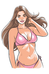A vibrant, colored cartoon illustration depicts a confident woman in a pink bikini. With a relaxed smile and long wavy hair, she embodies a happy and glamorous summer lifestyle. vocation beach idea.