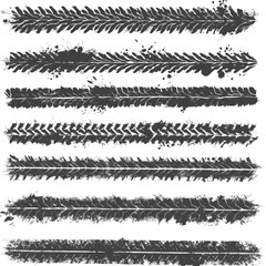 Obraz premium Vector black-and-white tire tracks and skid marks designed for rally, motocross, drifting, drag racing, and off-road vehicles, featuring grunge splatter and tread patterns for car and bike graphics. 