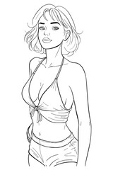 A black and white line art illustration depicts a confident woman in a bikini and shorts. With a relaxed expression and modern short hair, she embodies a happy summer lifestyle. Vacation beach idea.