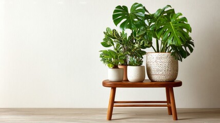 Three Potted Plants on Wooden Stool Against Neutral Wall