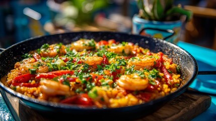 Fototapeta premium Shrimp Paella in a Black Pan with Red Peppers and Herbs