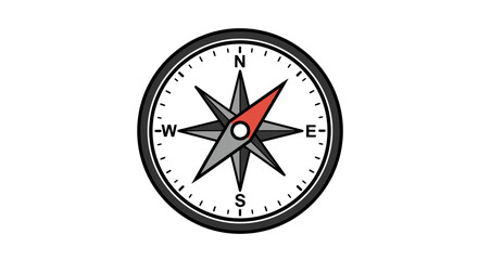 Illustration of a compass with a red needle pointing north and cardinal directions labeled on its face