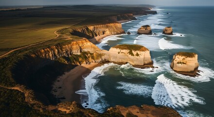 Majestic Twelve Apostles Rock Formations Bathed in Golden Hour Sunlight.