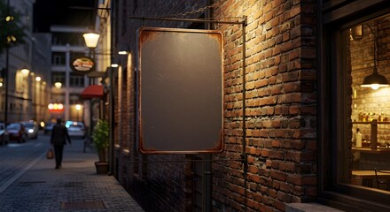 Old Rusty Store Sign Mockup on Brick Building in Nighttime Cityscape