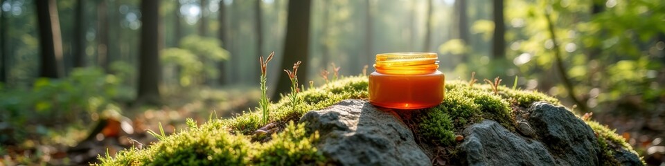 Obraz premium Amber jar on mossy forest rock amidst sunlit trees in tranquil woodland scene