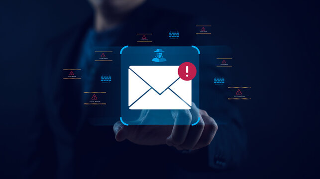 warning email icons cybersecurity alert, scam message A hand reaching digital alert surrounded by various warning icons, suggesting a focus on technology email threat, phishing attack, malware, data