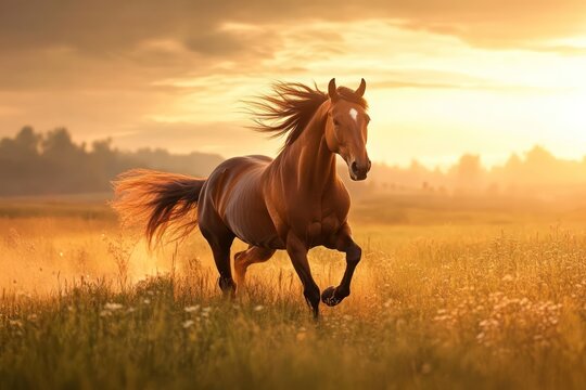 Powerful horse galloping through grassy field at sunset