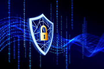Digital shield with golden lock represents cyber security and data protection