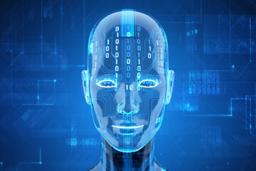 Futuristic transparent humanoid head with digital binary code inside