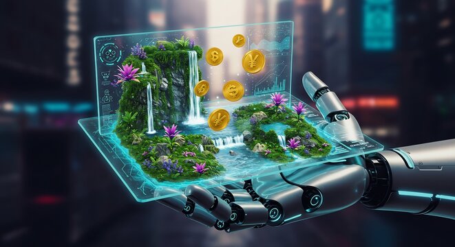 Futuristic Robotic Hand Holding a Transparent Display Showcasing a Digital Nature Landscape with Currency Symbols, Illustrating Financial Technology and Artificial Intelligence