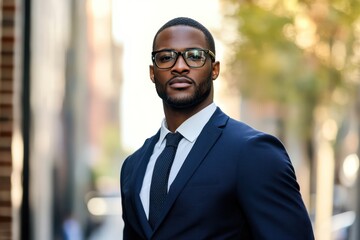 Fototapeta premium Stylish Black man in navy suit outdoors