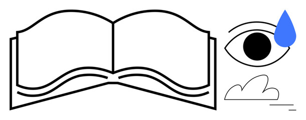 Open book with flowing pages, single eye, blue tear drop, and cloud elements. Ideal for education, storytelling, emotions, creativity, reflection empathy simple landing page