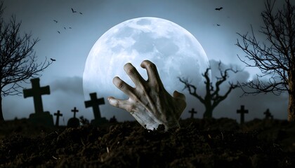 Emerging from the Shadows: A chilling scene of a zombie hand rising from a graveyard, illuminated by a full moon, symbolizing horror and the supernatural.