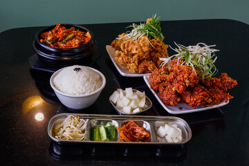 Korean food and Spicy korean chicken wings,jajangmyeon,bibimbap,oden,Samgyeopsal,delicious Korean traditional food.