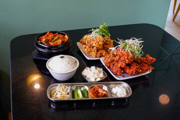 Korean food and Spicy korean chicken wings,jajangmyeon,bibimbap,oden,Samgyeopsal,delicious Korean traditional food.