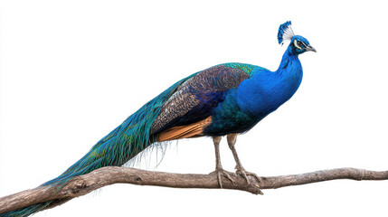 Naklejka premium Peacock Perched on a Branch Isolated Against a Clean Background