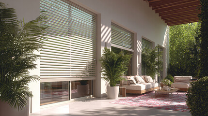 Elegant patio with horizontal blinds, wooden furniture, and plants, creating a modern and cozy space for relaxing in the sun.