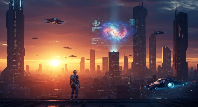 Futuristic Cityscape with Astronaut Looking at Holographic Galaxy Display and Flying Vehicles at Sunset