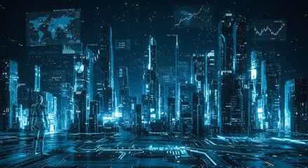 Futuristic Cyberpunk Cityscape with Robot Figure, Digital Transformation, Artificial Intelligence, and Data Visualization in Neon Blue Tones for Technology, Business, and Innovation