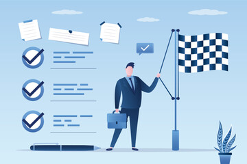 Businessman raises finish flag to top of flagpole. All tasks and job completed. Efficient and productive work. Completing project on time and without deadline, good planning