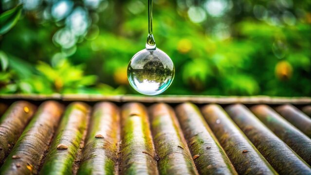 A glistening sphere of liquid hangs suspended, reflecting a verdant, out-of-focus backdrop, poised above a weathered, textured surface of aged parallel cylinders.