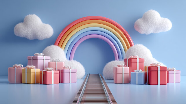 Colorful rainbow arch with fluffy clouds and gift boxes on a pastel blue background