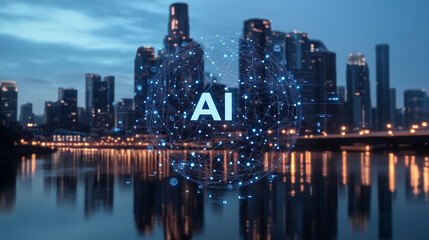 Naklejka premium AI Smart City Big Data Interconnected Technology Concept