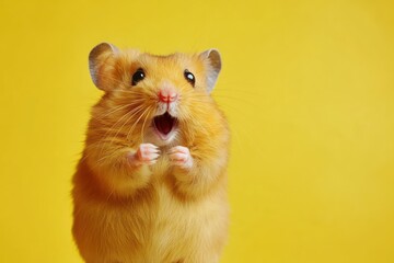 Surprised golden hamster with fluffy fur on colorful background