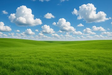 Naklejka premium Rolling emerald meadow landscape with puffy white clouds floating in brilliant azure summer sky