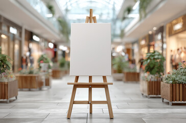 Blank canvas on an easel displayed in a well-lit shopping mall corridor