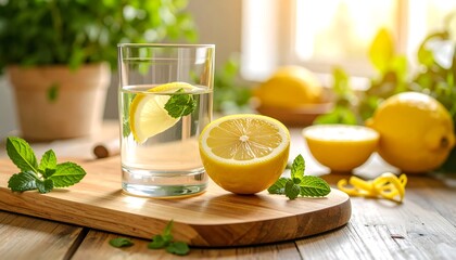 Fototapeta premium Refreshing Lemon Water with Mint on Wooden Board in Sunlight