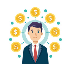 Successful businessman surrounded by flying dollar signs symbolizing wealth, investment, income growth, financial freedom, and economic success illustration