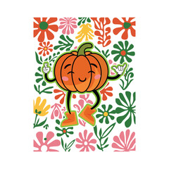 vector illustration of a pumpkin, Harvest Buddy - Smiling Pumpkin with Flower Crown,  Tumbling Pumpkin with Falling Petals