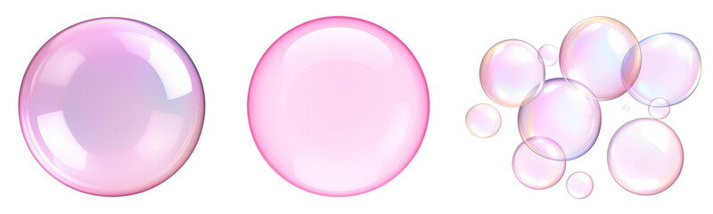 Obraz premium Set Shiny Pink Soap Bubble with Rainbow Hues, Side View with Depth Blur, isolated on transparent background PNG