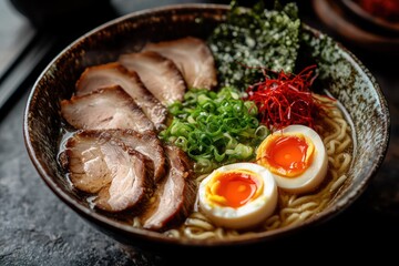 Authentic miso ramen bowl with pork and egg