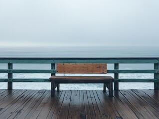 A lone wooden bench sits on a pier overlooking a misty ocean under an overcast sky.