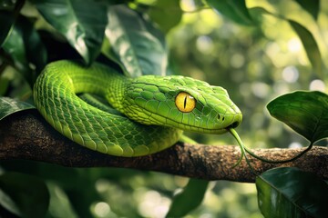 Green Mamba slithering through dense jungle foliage