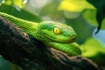 Obraz premium Green Mamba slithering through dense jungle foliage