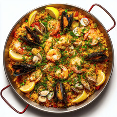 A vibrant and colorful Spanish Paella, featuring saffron rice, seafood, and vegetables, presented beautifully in a shallow pan, all against a clean white background.