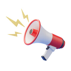 3d rendered illustration of a red and white megaphone with yellow lightning bolts isolated on transparent background
