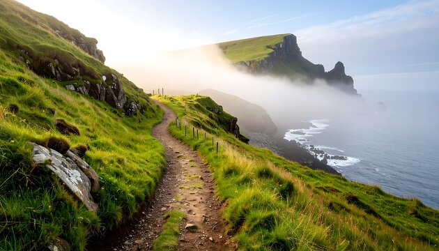 Misty Coastal Hiking Trail with Dramatic Cliffs and Lush Green Landscape