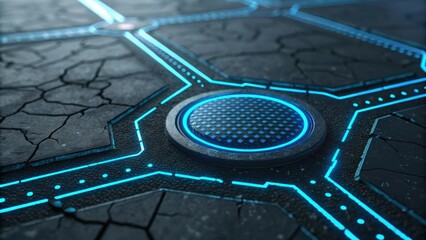 Close up view of a futuristic circuit board with glowing blue lines and a central illuminated component