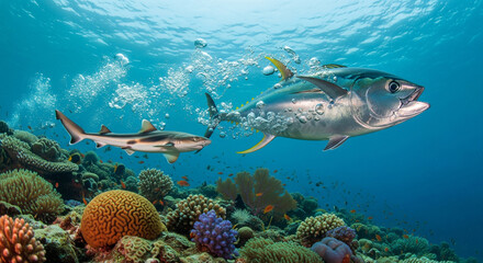 Fototapeta premium Coral Reef Encounter: Tuna and Shark