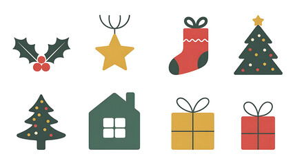 Christmas icons in red, green, and gold.
