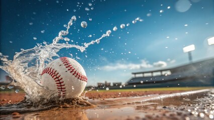 A baseball splashes through water on a dirt field under a bright blue sky with stadium lights in the background