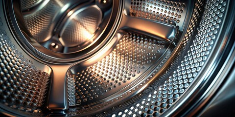 Close-up view of a metallic drum interior, showcasing intricate detailing and reflective surfaces, emphasizing modern appliance design and engineering