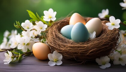 easter eggs in a nest with white flowers holiday celebration use cases
