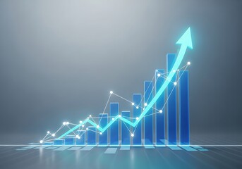 3d illustration of a glowing blue arrow pointing upwards on a bar chart, symbolizing financial growth and business success in a modern, abstract concept